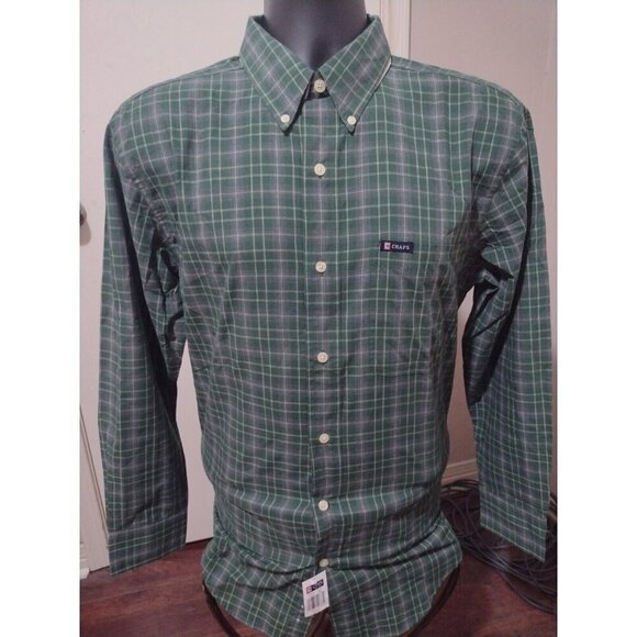 NWT Mens CHAPS Easy Care Button Front Green Plaid Shirt Long Sleeve S Small $55 - Picture 1 of 11